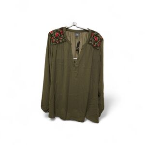 Torrid Olive Green Floral Blouse With Embellished Velvet Roses On Shoulder. Nwt